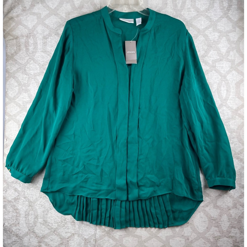 Chico's Tenna Women 1 Green Pleated Back Long Sleeve Blouse Polyester NEW